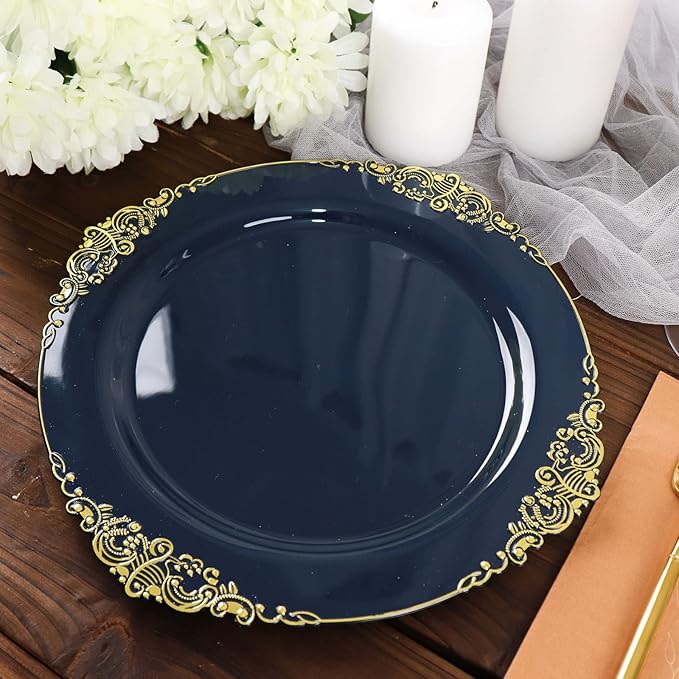 Efavormart 10 Pack | 10" Navy Blue and Gold Baroque Dinner Plates, Leaf Embossed Metallic Rim Heavy Duty Serving Plates for Nautical Receptions