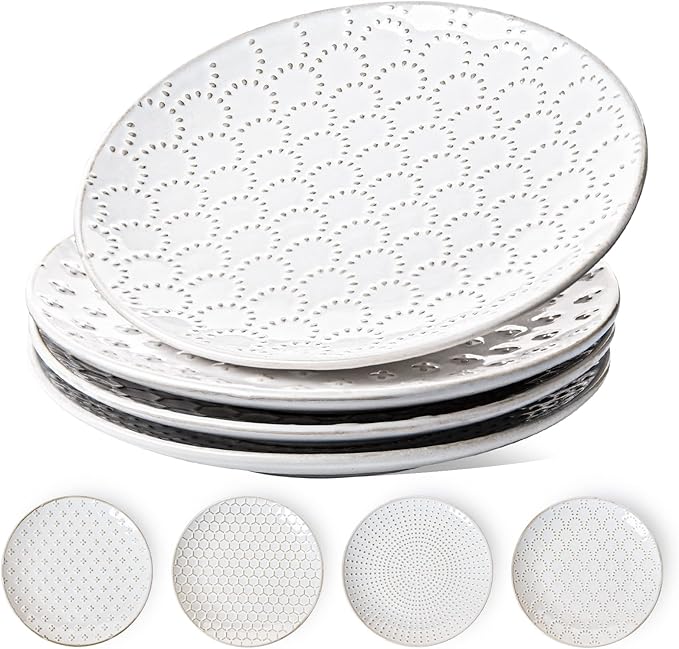 LE TAUCI 8 Inch Ceramic Salad Plates Set of 4, Modern Embossed Appetizer Plates for Kitchen, Small Dessert Plates, Microwave & Dishwasher Safe Dinnerware Sets - Arctic White