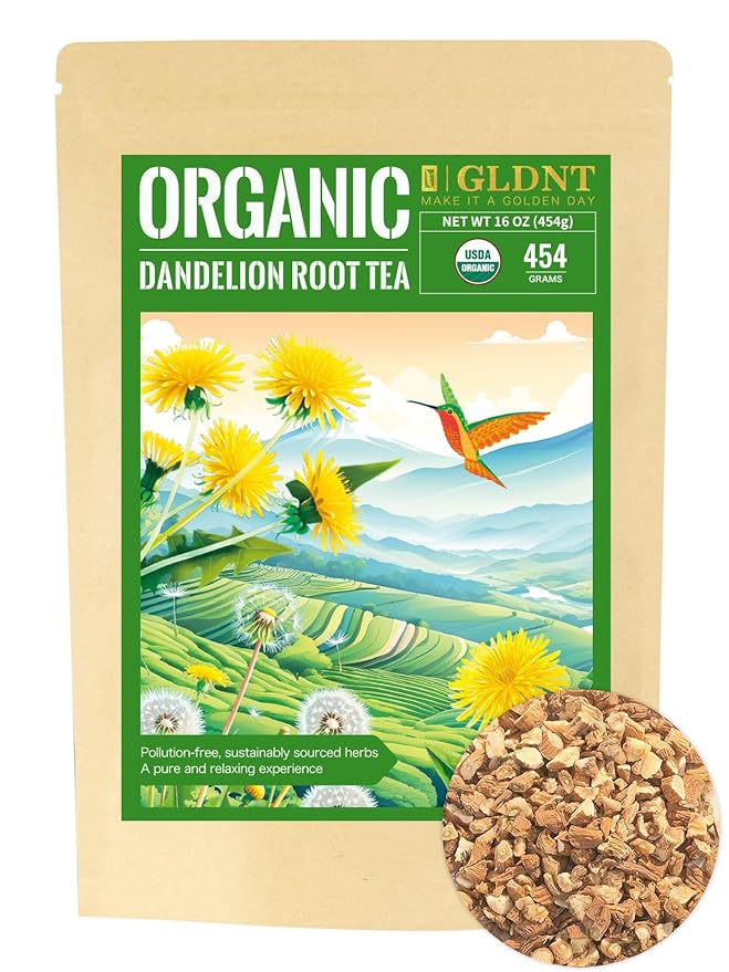 GLDNT Organic Dandelion Root Tea, 16oz, Premium Organic Raw Dandelion Root Tea Loose Leaf, Smooth & Earthy Taste, Caffeine Free, Cut & Sifted
