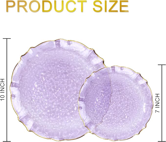 bUCLA 40PCS Clear Purple and Gold Plastic Plates - Fancy Lace-Edge Purple with Gold Trim Hammered Disposable - Include 20 Each (10inch Dinner & 7inch Dessert) Plates for Party & Wedding