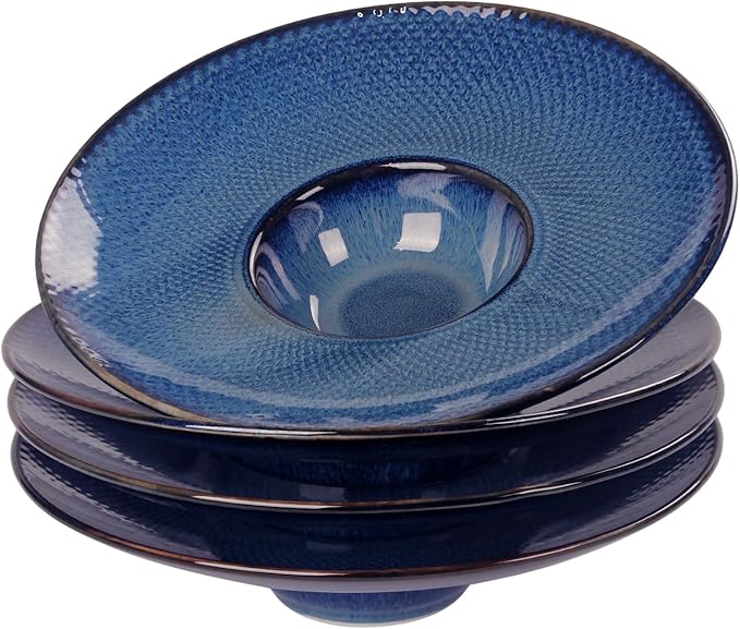 Soup Bowls, Soup Plates, 7.1 oz, Porcelain Pasta Bowl Set of 4, Wide edge Shallow Bowl Plates, Rimmed Bowls with Rim, Best choice for high-end restaurants and foodies,Royal blue 11.6 Inch