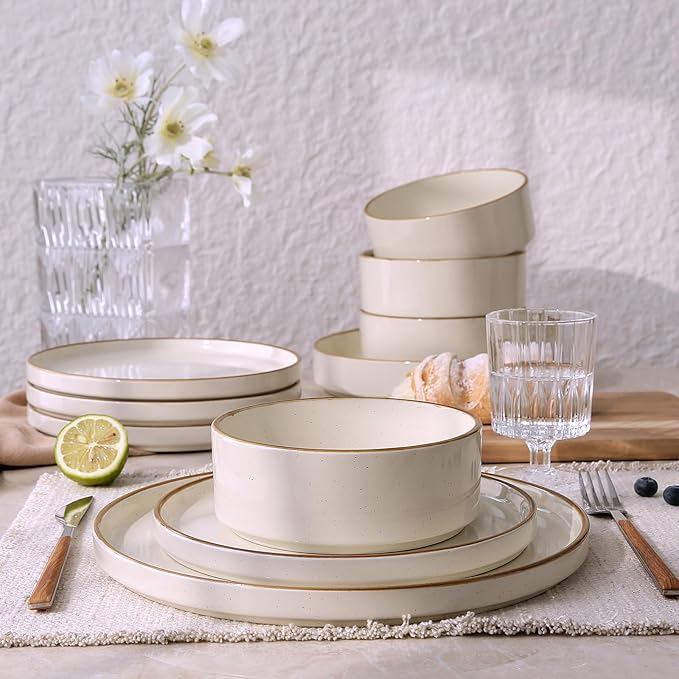 Famiware Nebula Plates and Bowls Sets, 24 Pieces Stoneware Dinnerware Sets, Microwave and Dishwasher Safe Dish Set, Dishware Sets for 8, Vanilla White with Brown Rim