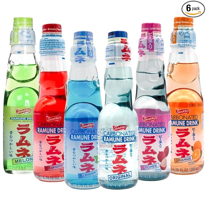 UNHA'S ASIAN SNACK BOX Ramune Japanese Marble Soda Variety Pack - Multiple Flavors - Original, Strawberry, Blueberry, Melon, Lychee, and Orange, Japanese Drink Gift Box (6 Count)