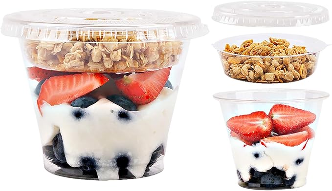 Aatriet 9 oz Clear Plastic Parfait Cups with Insert 3.25oz & Flat Lids No Hole - (20 Sets) Yogurt Fruit Parfait Cups for Kids, for Dips and Veggies, Take Away Breakfast and Snacks. No Leaking