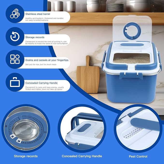 Rice Sorage Container Bin 20 lbs Stainless Steel Flour Storage Containers with Lid Rice Grain Kitchen Bucket Airtight Canister for Cereals Flour Sugar Tea Milk Wine Ice, Dry/Wet Food,Blue