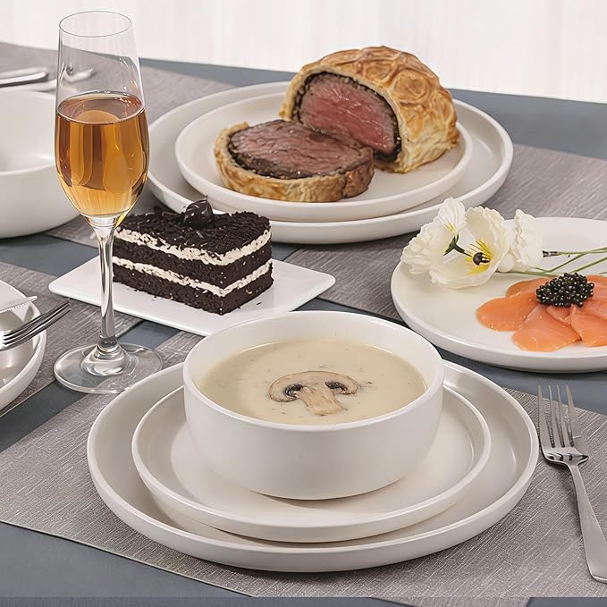 Ceramic Plates and Bowls Sets, White Dinnerware Set for Kitchen, Modern Design Dinner Plates, Stoneware Dishware Sets, Microwave and Dishwasher Safe