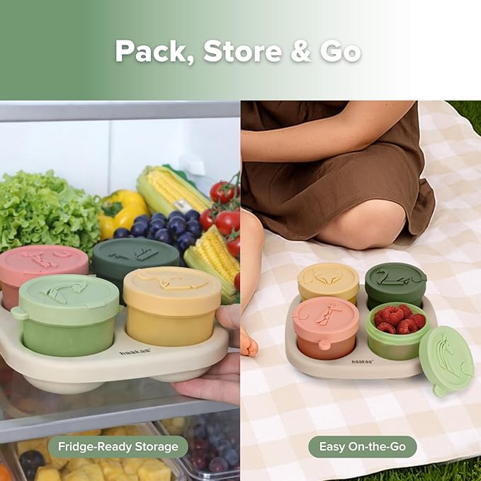 Haakaa Animal Friends Silicone Food Pod Set, 4oz/120ml Baby Food Containers & Jars with Tray, Leakproof Lids, Ice Cream Containers for Homemade Ice Cream,4 Pack,Oat Tray