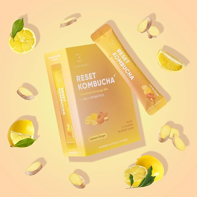 Everydaze Reset Kombucha Tea Powdered Beverage Mix | 10 Sticks | Prebiotics + Probiotics | Vegan | No Added Sugar, Gluten Free, Sparkling Powder Drink Pack (Lemon Ginger) (Pack of 2)