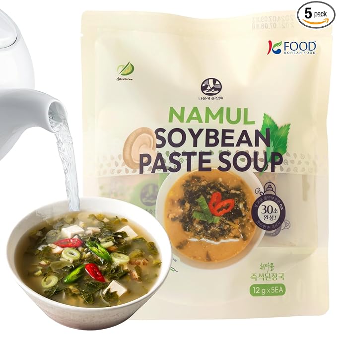 Korean Food Instant Miso Soup with Vegetables – 5 Individual Servings – Korean Soybean Paste Soup (Doenjang) – Quick & Easy Freeze-Dried Soup, Healthy Low-Calorie Pantry Staple