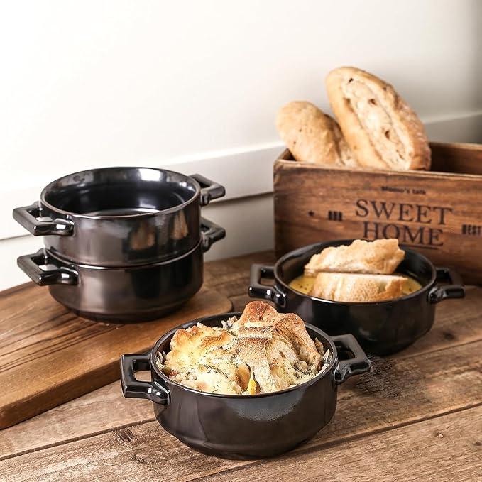 vicrays Ceramic Soup Bowls with Handles, 24 Oz Porcelain Soup Crocks for French Onion Soup, Cereal, Beef Stew, Chill, Pasta, Pot Pies, Microwave and Oven Safe, Set of 4 (Black)