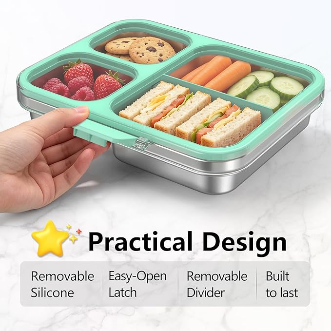 HOMEKOL Stainless Steel Bento Lunch Box, 3-Compartment Leak-Proof Metal Lunch Container for Kids & Adults, BPA-Free, Dishwasher Safe, Clear Tritan Lid, 4.2Cups/1000ml Green (Not Insulated)