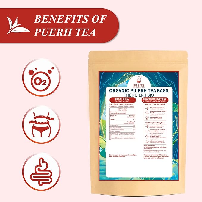 WT WEETEE Organic Puerh Tea Bags, Organic Ripe Pu'erh Tea 100 Count, Smooth, Subtly Sweet, Earthy Dark Tea Black Tea, Rich Antioxidants
