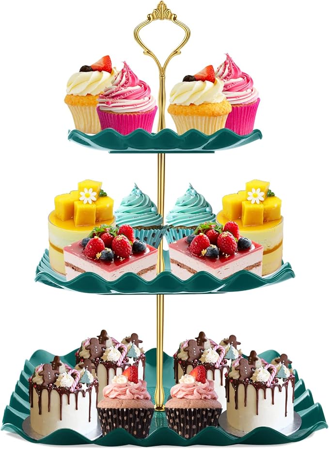 DAFURIET Dessert Cupcake Stand, 3 Tier Cup Cake Holder Tower for Tea Party/Birthday/Wedding, Plastic Tiered Serving Tray with Metal Rod (Green)