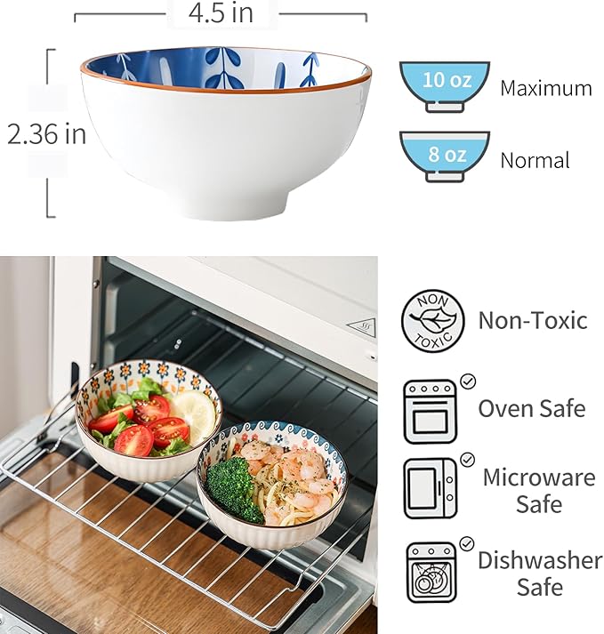 Rice Bowls 10oz, Japanese Style Bowls Set of 6 with Gift Box - Blue and White Ceramic Bowls for Soup, Dessert, Ice Cream, Snack - Kitchen Gifts for Women Christmas Gift