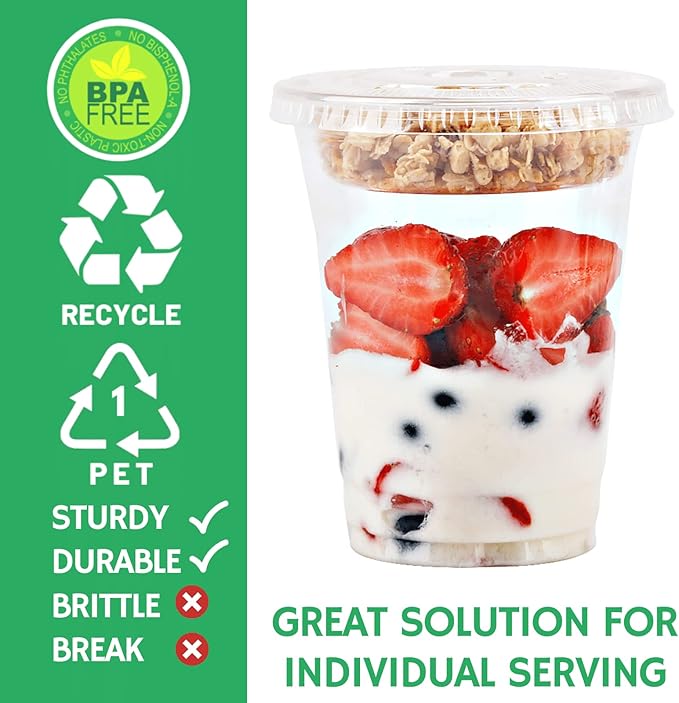 Aatriet [150 SETS 12 oz Clear Plastic Parfait Cups with Insert 3.25oz & Flat Lids No Hole, Yogurt Fruit Parfait Cups for Kids, for Dips and Veggies, Take Away Breakfast and Snacks. No Leaking