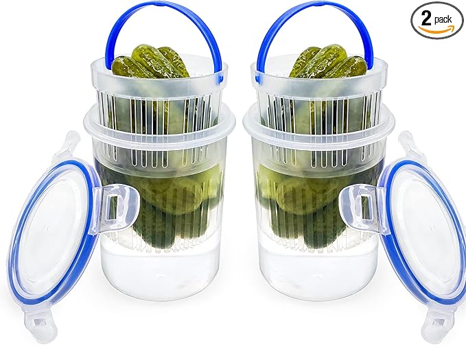 Pickle Jar 24oz 2Pack Pickle container with strainer Pickle Holder Keeper Lifter, pickle storage container suitable for pickling small jars of kimchi, Flip Jar with Leak Proof and Lock It Lid