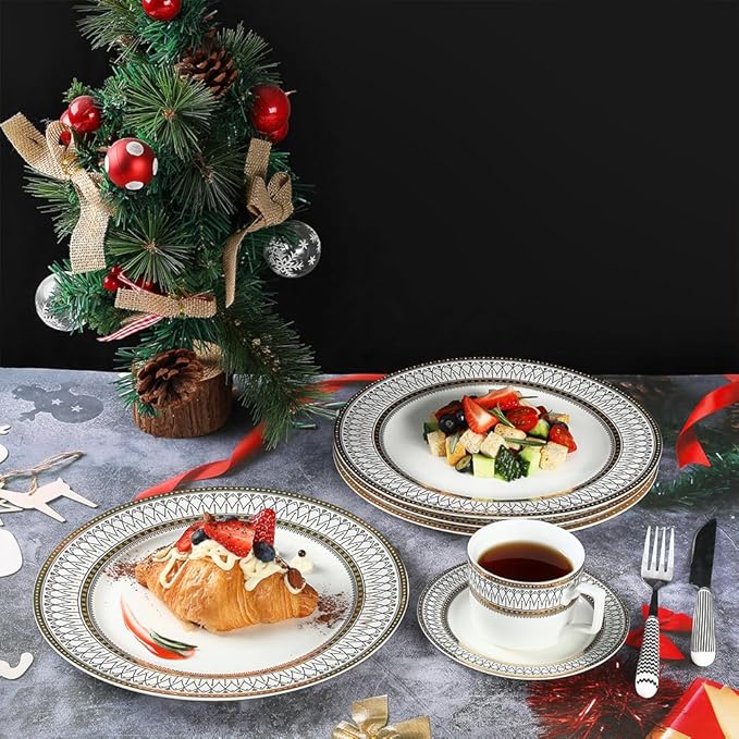 YEWUDHOM Porcelain Plates,Ceramic Dinner Plates Set of 4,Plate Set for 4 Dinning Kitchen,Golden Thread Pattern Steak Salad Plate Set for Home Restaurant Utensils,10.5" Large,White and Gold