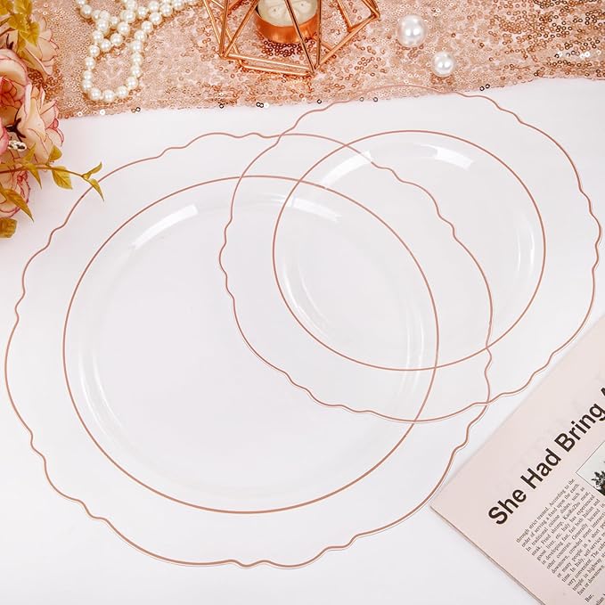 WDF 100pcs Rose Gold Plates Plastic Disposable - Baroque Clear and Rose Gold Plates for Mother's Day, Parties or Weddings including 50PCS Dinner Plates 10.25’’ and 50PCS Salad Plates 7.5’’