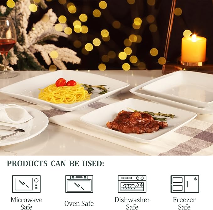 Porcelain Square Dessert Plates, 8.4 Inch Square Serving Plate for Steak, Pasta, Salad, Snacks, Dessert, Appetizer Plates, Set of 6, White