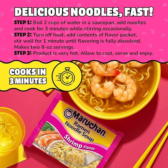 Maruchan Ramen Noodle Soup, Shrimp Flavor – Japanese-Style Instant Noodles, Quick & Easy Meal for Kids, Students & Busy Families – 3 Oz. (24 Pack) | Ready to Eat, 3 Oz, 24 Count