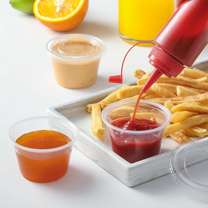 AOZITA 100 Sets - 4 oz Portion Cups With Lids, Jello Shot Cups, Small Plastic Containers, Airtight and Stackable Souffle Cups