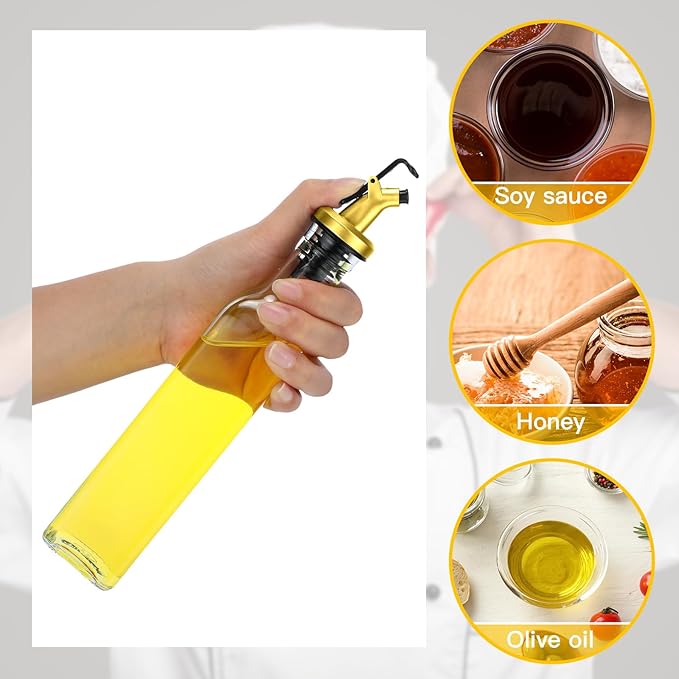 Hushee 12 Pcs Clear Glass Olive Oil Dispenser Bottles Sets Include 8oz Glass Bottle with Spout Oil Vinegar Cruet Container for Kitchen Stainless Steel Funnel Black Labels with White Pen(Gold)