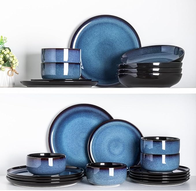 LERATIO Ceramic Plate Set of 6,8.5 Inch Reactive Glaze Light Weight Porcelain Salad Plates,Modern Shape Dinnerware Dishes Set for Kitchen,Microwave&Dishwasher&Oven Safe,Resistant-Indigo Blue