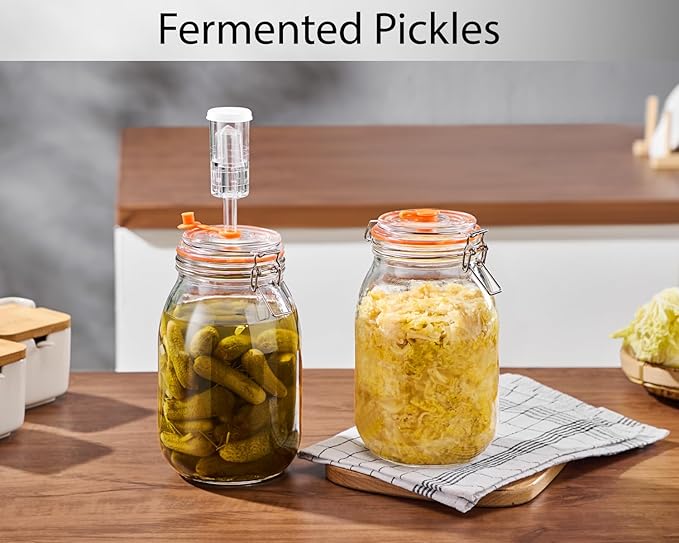 1.8 Liters(0.48 gallons) Fermentation Jar, Wide Mouth Glass Fermenting Jar with Airlocks for Making Sauerkraut, Kimchi, Pickles, Mead, Cider & More, Pack of 2