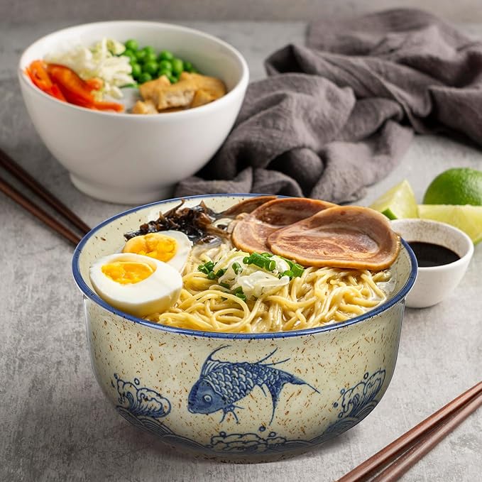Cabilock 2 Pieces Ceramic Ramen Bowls, 25 Oz Large Soup Bowl with Lid, Spoon Chopstick Japanese Tableware for Noodles, Salad, Rice, Microwave Dishwasher Korean Clay Pot - Fish