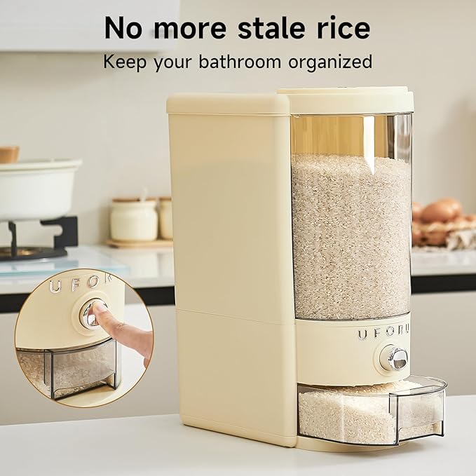UFORU Rice Dispenser 20 lbs | Large Rice Storage Container for Kitchen&Pantry - Space-saving, Moisture & Pest-proof, BPA-Free - Dry Food Dispenser with One-Touch Dispenser & Measuring Cup for Families