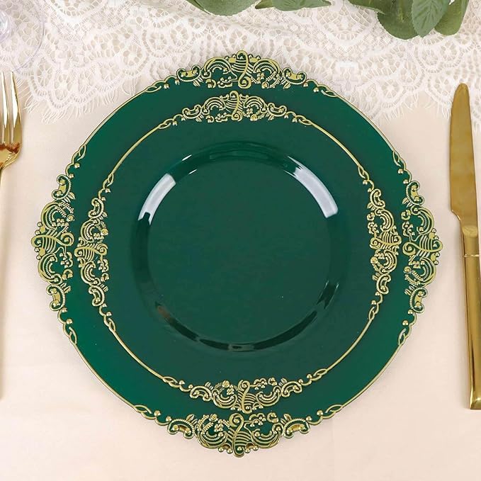Efavormart 10 Pack | 8" Hunter Emerald Green and Gold Baroque Dessert Plates, Leaf Embossed Metallic Rim Heavy Duty Appetizer Plates for Garden Showers