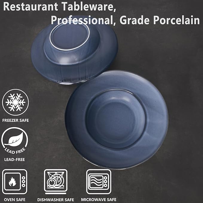Pasta Plates with Rim 14 oz, Soup Bowl Pasta Bowl Set of 2, Shallow Bowl Plate, Ceramic Wide Rimmed Soup Bowl, Best choice for high-end restaurants, hotels, and foodies,11 Inch Blue