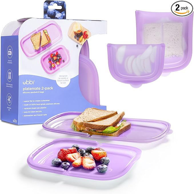 Ubbi Platemate Reusable Silicone Storage Bag, Opens Flat as Placemat, Dishwasher and Freezer-Safe, Lunch Container, Leakproof Sandwich & Snack Bag, Easy to Clean, BPA-Free, Smoothie Purple