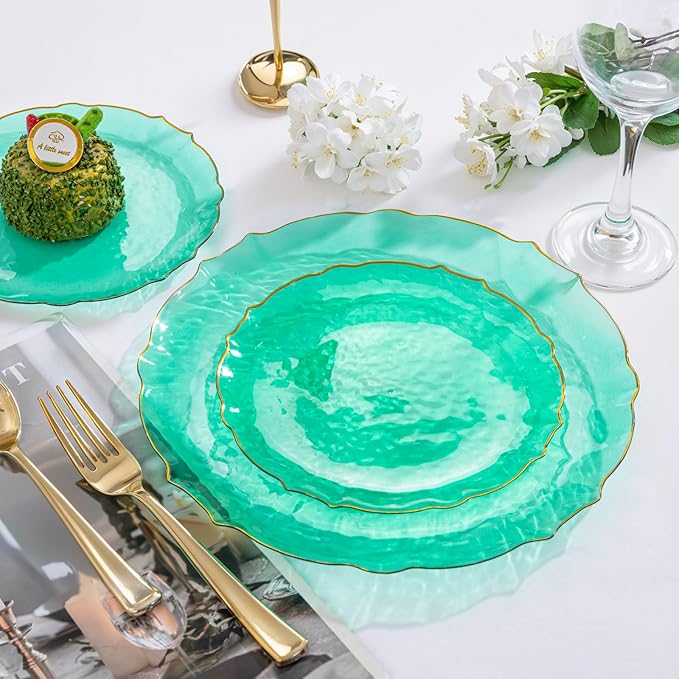 bUCLA 40PCS Clear Green Plastic Plates - Green and Gold Disposable Hammered Plates Fancy Lace-Edge, Crystal Design for 20 Guests Include 20 Each(Dinner&Dessert), Ideal for Party & Christmas