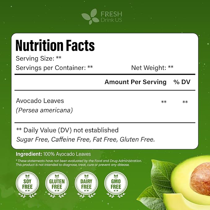 FreshDrinkUS, 120 Avocado Leaves - Loose Leaf - Premium Avocado Leaf Herbal Tea, Caffeine Free Botanical Tea Leaves for Hot or Iced Tea – Natural, Aromatic & Fresh Avocado Leaves