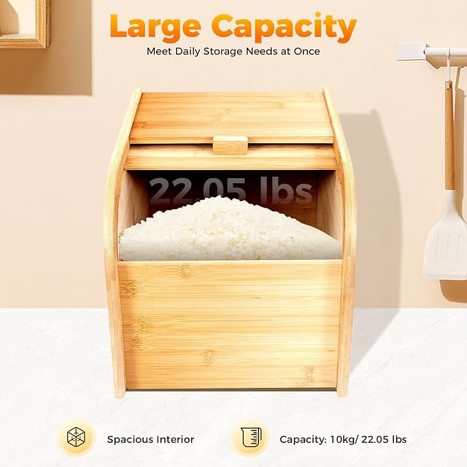 22 lbs Bamboo Rice Storage Container with Sliding Lid & Measuring Cup, Airtight Dry Food Organizer for Kitchen Countertop - Large Capacity Grain Bin for Flour, Nuts, Beans, Pet Food - Natural Wood