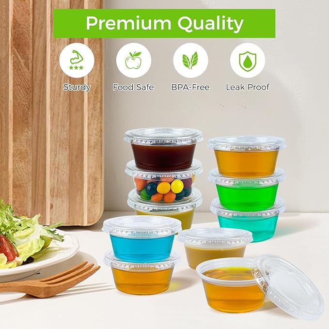 Dealusy 360 Set 3.25 oz Jello Shot Cups with Lids, Sturdy & Food Safe Disposable Plastic Portion Condiment Dipping Sauce Cups, Small Containers for Salad Dressing