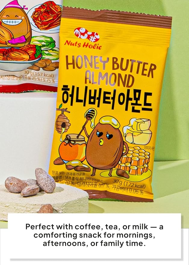 Korean Food Nuts Holic Honey Butter Almond, Sweet & Savory Seasoned Almond Snack, 8 Packs 8.5 oz (1.05 oz Each)