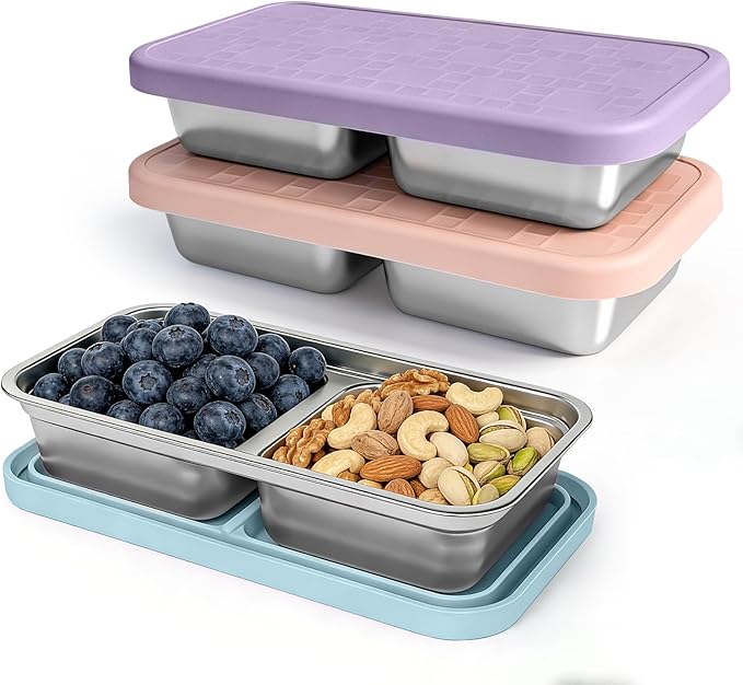 3 Pack 15 oz Stainless Steel Snack Containers for Kids, Reusable Metal Snack Containers with Silicone Lids, 2 Compartment Stackable Metal Toddler Lunch Box for Daycare, School and Outdoor