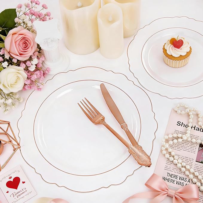 WDF 100pcs Rose Gold Plates Plastic Disposable - Baroque Clear and Rose Gold Plates for Mother's Day, Parties or Weddings including 50PCS Dinner Plates 10.25’’ and 50PCS Salad Plates 7.5’’
