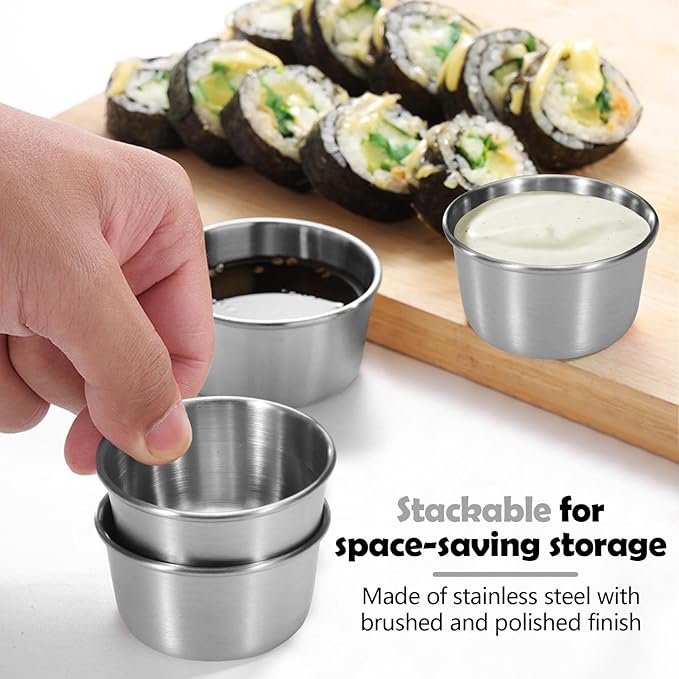 Huakaile 12 Pcs 2 oz Stainless Steel Dipping Sauce Cup, Mini Dip Bowls, Reusable Metal Condiment Cups Ramekins Containers for Ketchup Dressing Home Party Restaurant Kitchen (12PCS Silver)