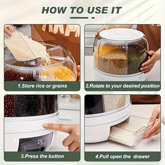 13Lbs Medium Grain dispenser 360°Rotating Rice Food Dispenser 6 Grids rice container rotatable Beans Containers Storage with Sealed lid for Peanut Barley Millet and Cereal