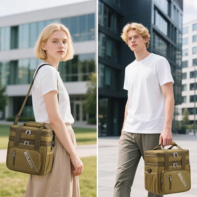 RealCool Lunch Bag, Insulated Lunch Box for Men Women, Double Deck Leakproof Soft Cooler Bag with Adjustable Strap, Reusable Lunchbox for Work, Travel, Camping (Khaki)