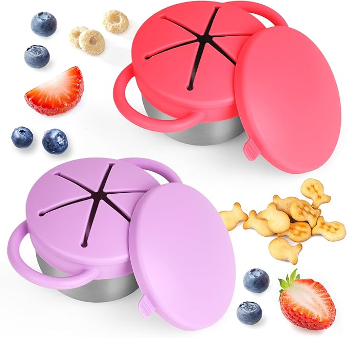 2 Pack Snack Cups for Toddlers Spill Proof - Detachable Stainless Steel Toddler Snack Cups with Silicone Lids & Handles - Dishwasher Safe Baby Snack Containers for Mess-Free Snacking (Red and Purple)
