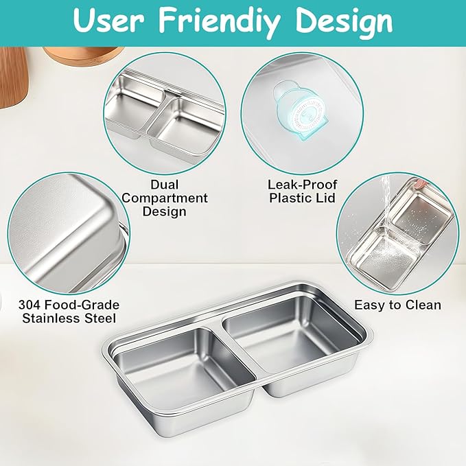 6Pcs 304 Stainless Steel Snack Containers, 2 Compartments Portable Food Storage Bento Boxes with Lids, Divided Meal Prep Lunch Box Food Container Dishwasher Safe