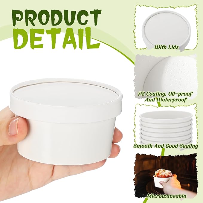 Fulmoon 100 Pack Paper Soup Containers with Lids Disposable Paper Food Containers with Vented Lid Kraft Ice Cream Cake Dessert Cups Soup Bowl for Party Hot Food Fruit Microwave(4 oz,White)