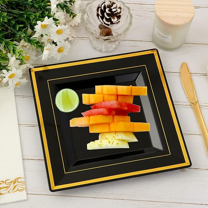 JOLLY CHEF 60 Pack Halloween Birthday Plastic Plates- Square Gold Plastic with Elegant Gold Rim 9.5 Inch Black Disposable Plates for Wedding, Birthday, Halloween and Party