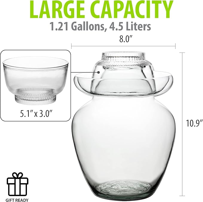 Large Traditional Sichuan Chinese Glass Fermenting Jar with Water Seal Airlock Lid, Glass Fermentation Crock for Pickling, Kimchi, Sauerkraut, and Fermentation (4.5 Liter, 155 Oz, 1.21 Gallons)