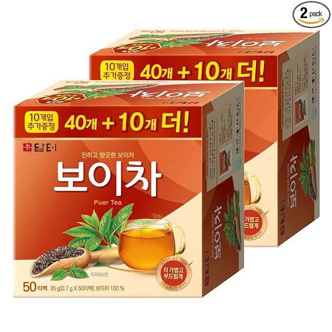 Damtuh Korean Pu-erh Tea – Aged & Smooth Dark Tea, Full-Bodied Earthy Flavor – 50 Tea Bags (Pack of 2)
