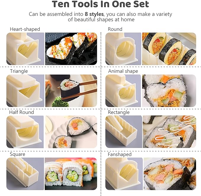 HI NINGER Sushi Making Kit Deluxe Edition Heart Sushi Mold Press with 8 Sushi Rice Roll Mold Shapes 1 Fork 1 Spatula 1 Sushi Knife, Complete Sushi Maker Kit 12PCS DIY Home Sushi Tool